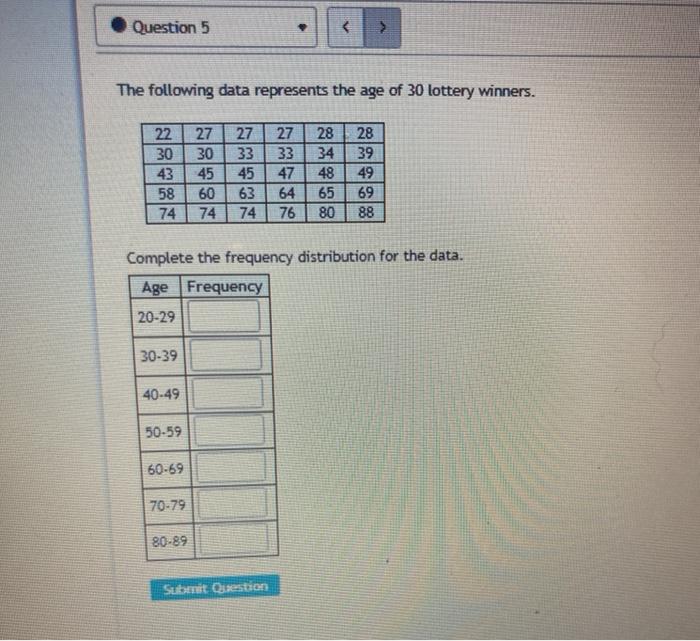 Solved Question 5 > The following data represents the age of | Chegg.com