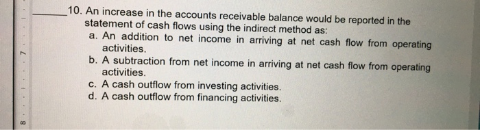 Solved 10. An increase in the accounts receivable balance | Chegg.com