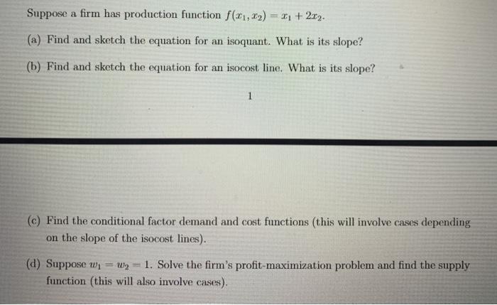 Solved Suppose a firm has production function f(21,22) = 1 + | Chegg.com