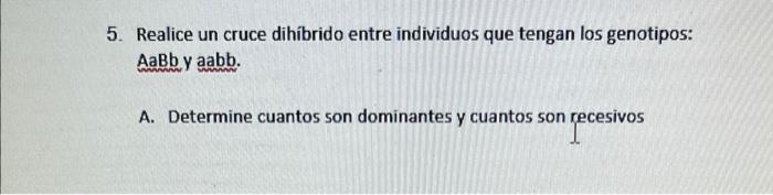 5. Realice un cruce dihíbrido entre individuos que tengan los genotipos: AaBby aabb. A. Determine cuantos son dominantes y cu