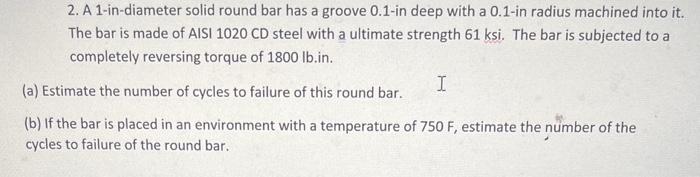 Solved 2. A 1-in-diameter solid round bar has a groove | Chegg.com