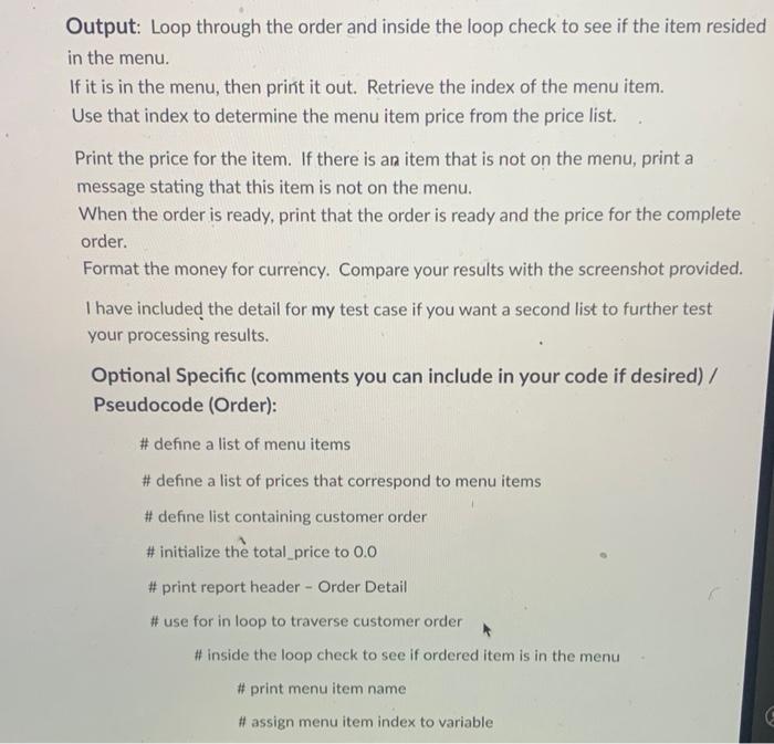 Solved Output: Loop through the order and inside the loop | Chegg.com