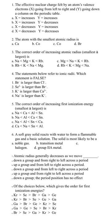 Solved d. Br 1. The effective nuclear charge felt by an | Chegg.com