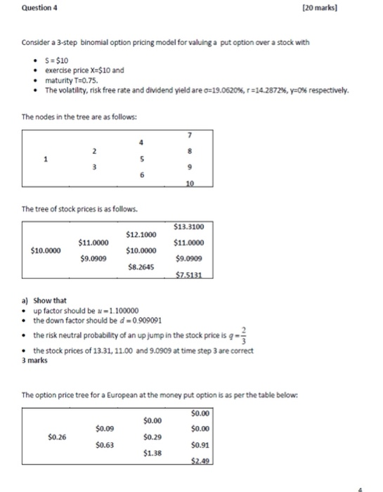 Solved Question 4 [20 marks) Consider a 3-step binomial | Chegg.com