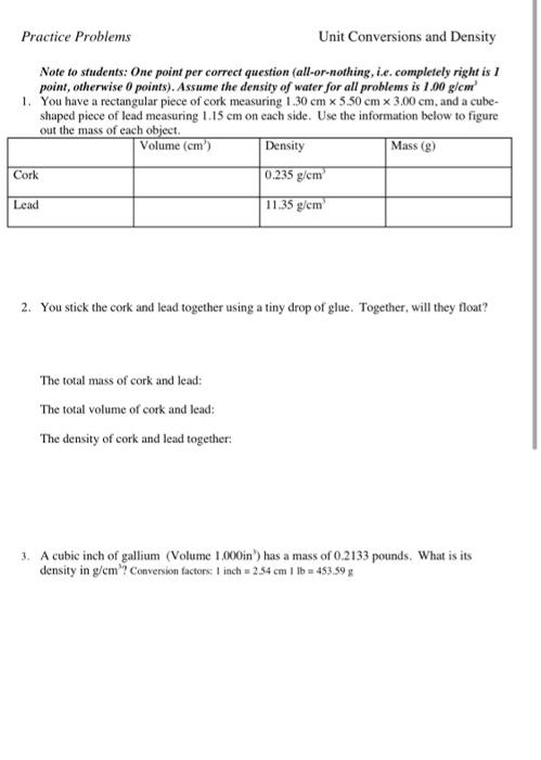Solved Practice Problems Unit Conversions and Density Note | Chegg.com
