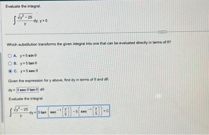 Solved Evaluate The Integral 2 25 Y Which Substitution Chegg Com   Image