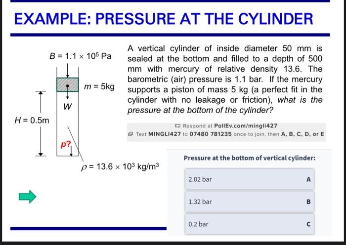 EXAMPLE: PRESSURE AT THE CYLINDER
A vertical cylinder of inside diameter \( 50 \mathrm{~mm} \) is sealed at the bottom and fi