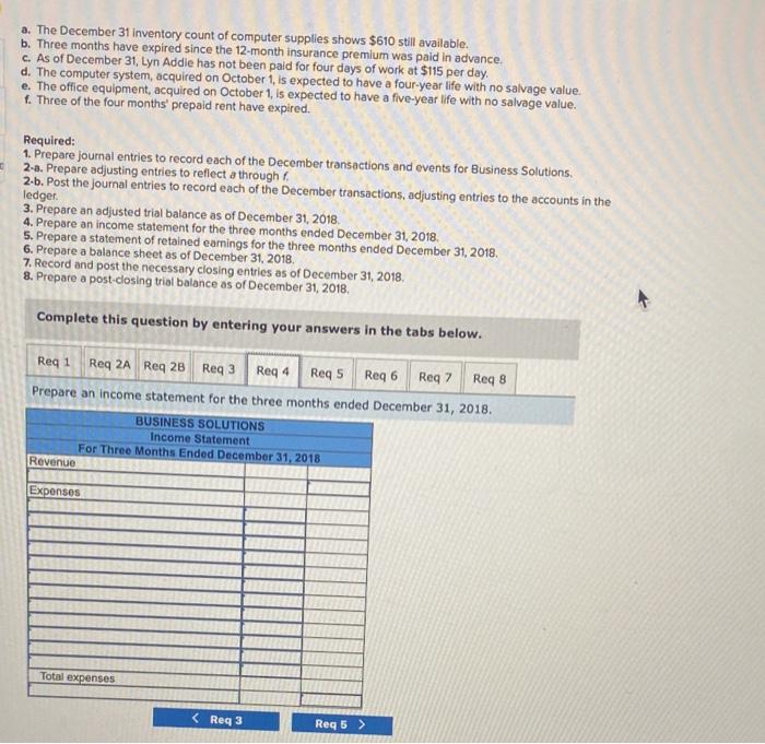 a. The December 31 inventory count of computer supplies shows \( \$ 610 \) still available.
b. Three months have expired sinc