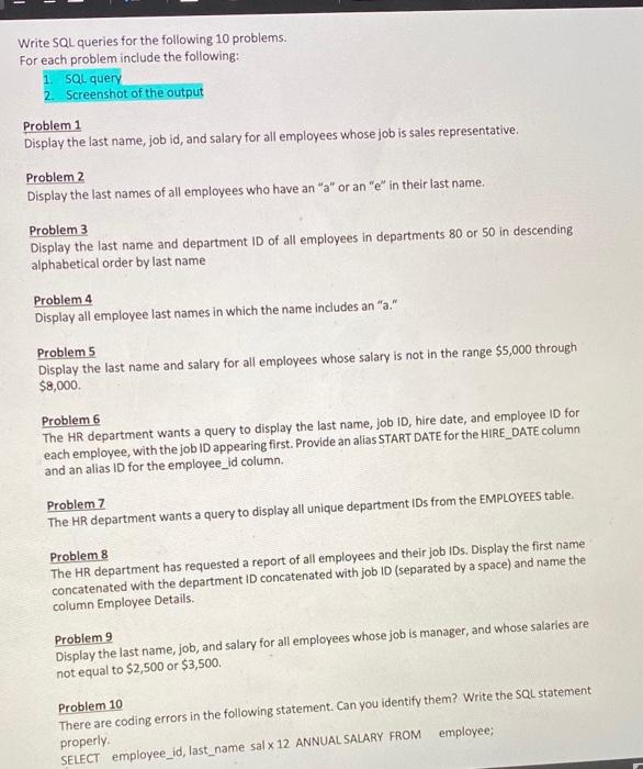 Solved Write SQL queries for the following 10 problems. For | Chegg.com