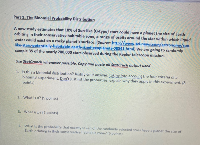 Solved Part 2 The Binomial Probability Distribution A New Chegg Com