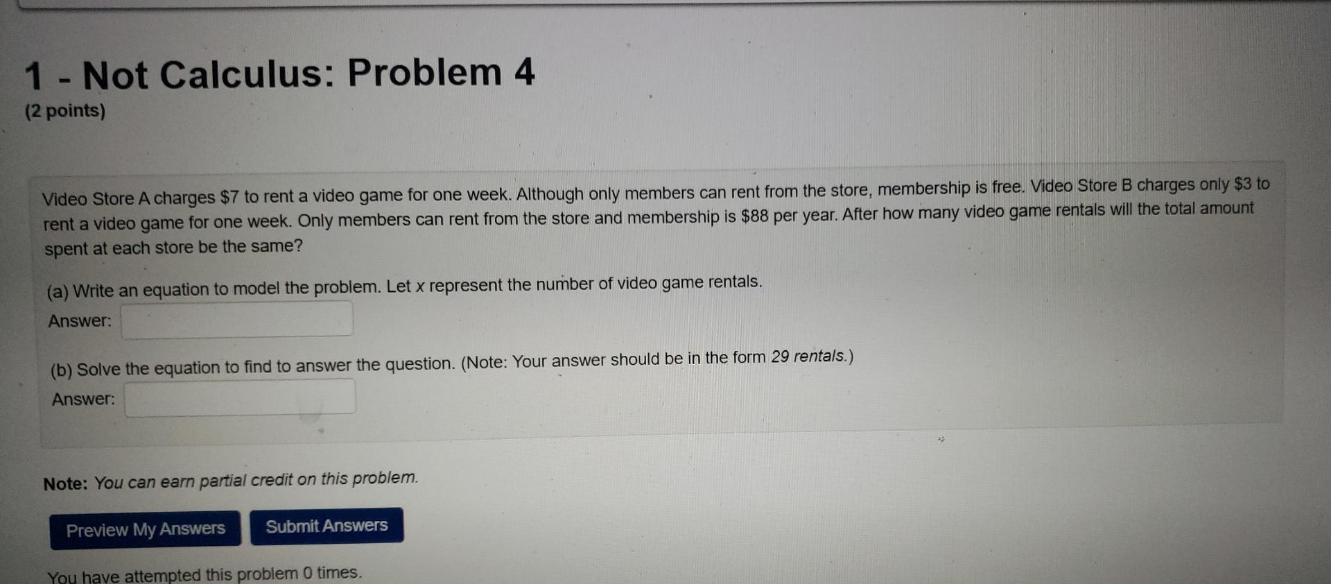 Solved 1 - Not Calculus: Problem 4 (2 points) Video Store A | Chegg.com