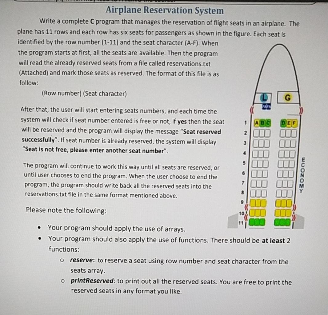 Solved Airplane Reservation System Write a complete C Chegg