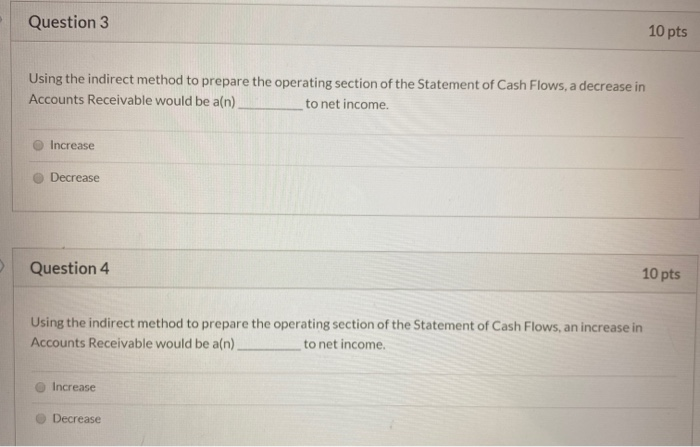 Solved Question 3 10 pts Using the indirect method to | Chegg.com
