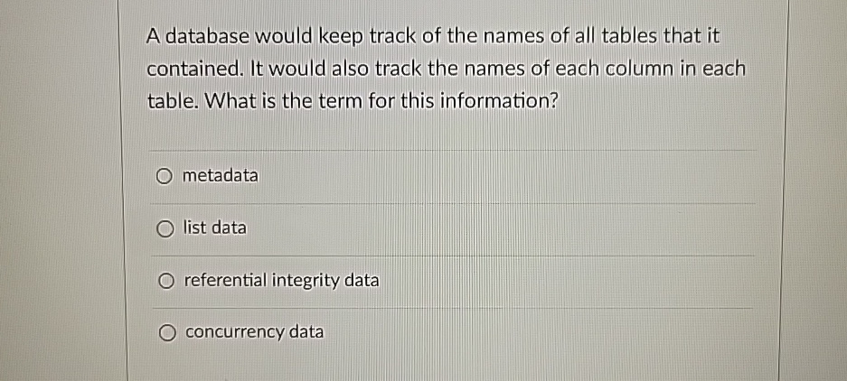 Solved A database would keep track of the names of all | Chegg.com