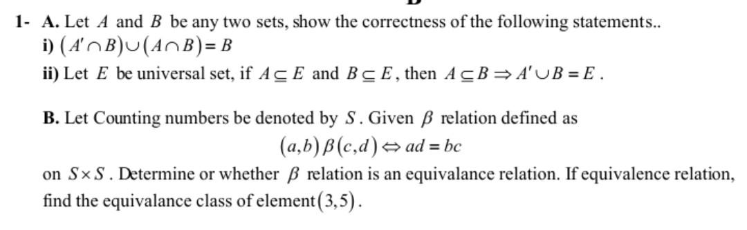 Solved 1. A. Let A and B be any two sets, show the | Chegg.com