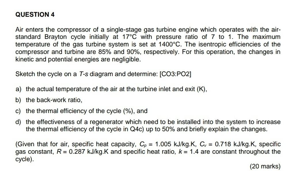 Solved QUESTION 4 Air Enters The Compressor Of A | Chegg.com