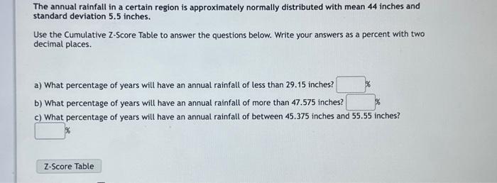 Solved The annual rainfall in a certain region is | Chegg.com