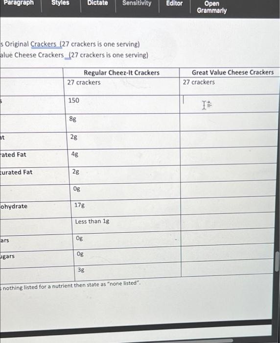 Paragraph Styles Dictate
s Original Crackers (27 crackers is one serving)
alue Cheese Crackers (27 crackers is one serving)
t