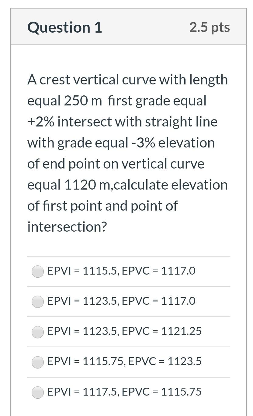 Solved Question 1 2.5 pts A crest vertical curve with length | Chegg.com