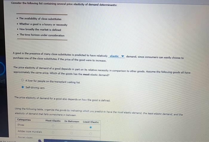 Consider the following list containing several price elasticity of demand determinants:
- The availability of close substtute