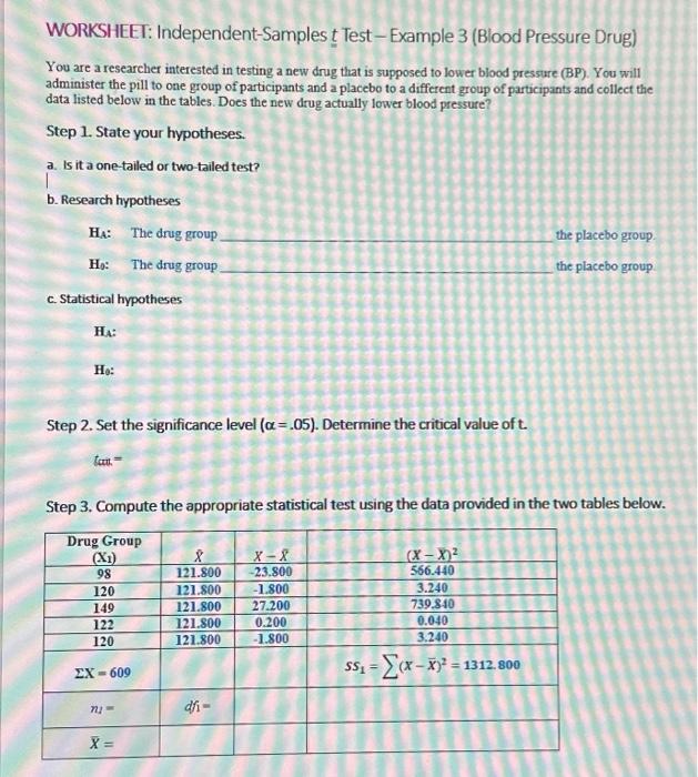 Solved WORKSHEEI: Independent-Samples t Test - Example 3 | Chegg.com