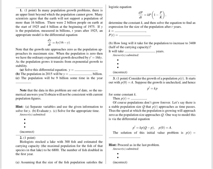 Solved logistic equation 1. ( point) In many population | Chegg.com