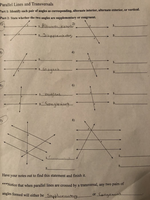 Solved Parallel Lines And Transversals Part 1 Identify E