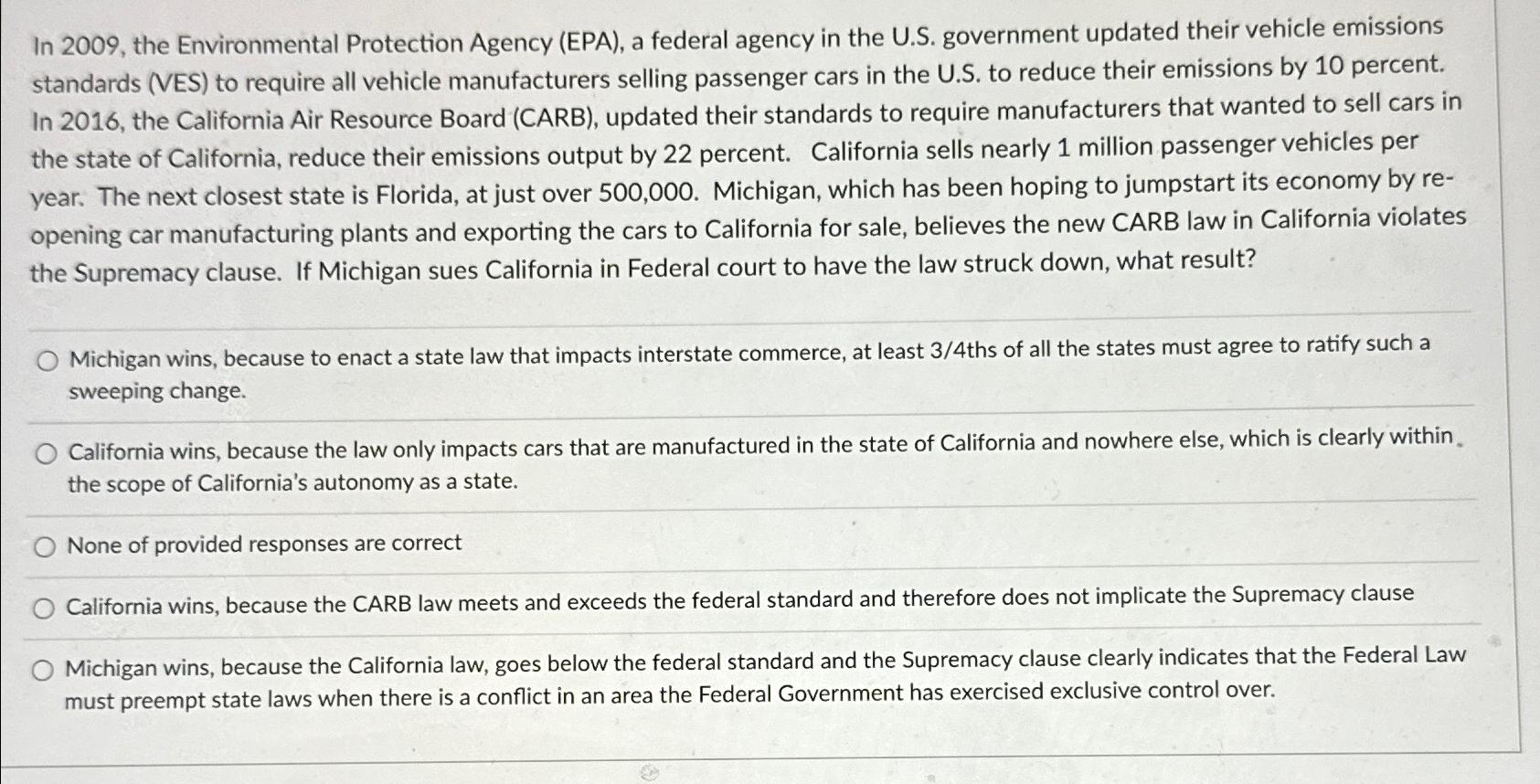 Solved In 2009, ﻿the Environmental Protection Agency (EPA), | Chegg.com