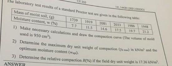 Solved The laboratory test results of a standard Proctor | Chegg.com