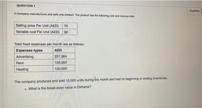 Solved QUESTION 1 A Company manufactures and sells one | Chegg.com