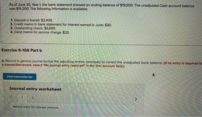 Solved As of June 30, Year 1, the bank statement showed an | Chegg.com