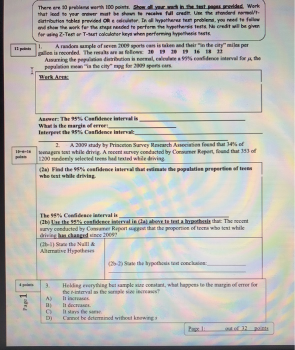 Solved There are 10 problems worth 100 points. Show all your | Chegg.com