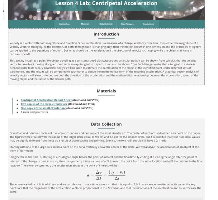 Solved Lesson 4 Lab: Centripetal Acceleration Introduction | Chegg.com