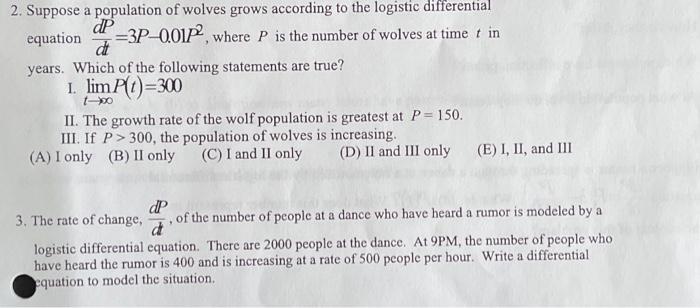 Solved 2. Suppose a population of wolves grows according to | Chegg.com