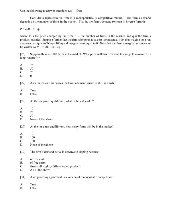 Solved Use the following to answer questions (26) - (30): | Chegg.com