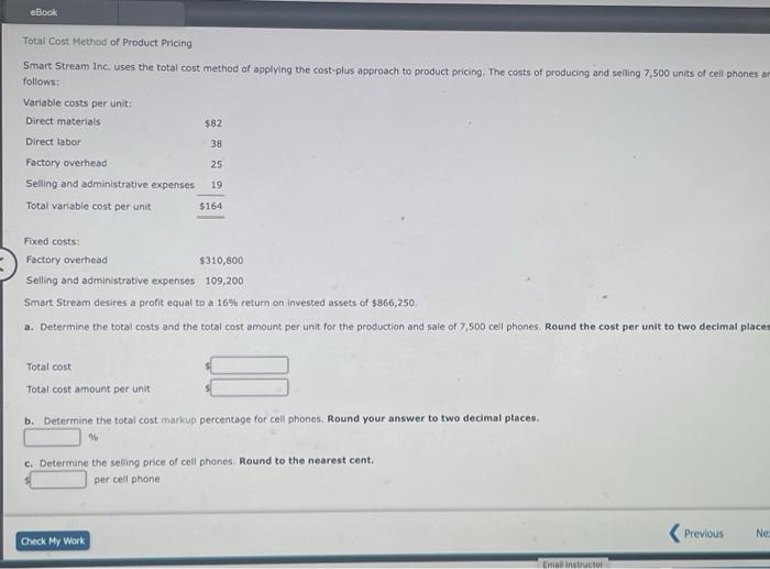 Solved Total Cost Method Of Product Pricing Smart Stream | Chegg.com