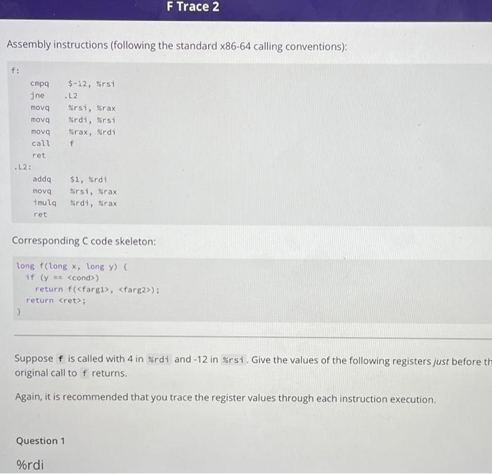 Solved F Trace 2 Assembly instructions (following the | Chegg.com