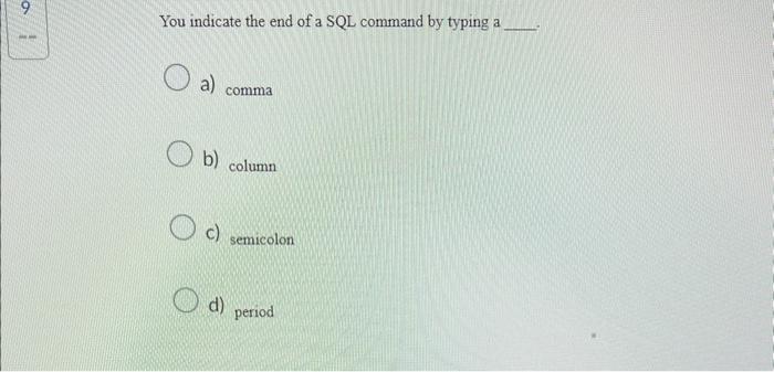 You indicate the end of a SQL command by typing a
a) comma
b) column
C) semicolon
d) period