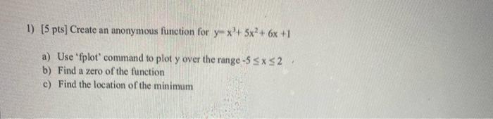 Solved 1) [5 pts] Create an anonymous function for y- x'+ 5x | Chegg.com