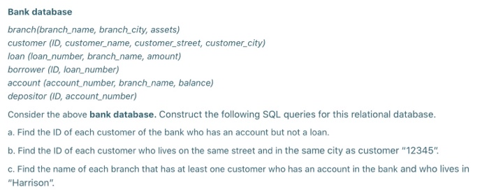 Solved Bank database branch(branch_name, branch_city, | Chegg.com