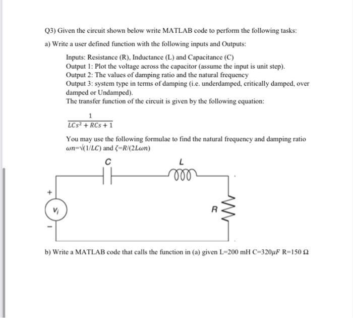 Solved (3) Given the circuit shown below write MATLAB code | Chegg.com