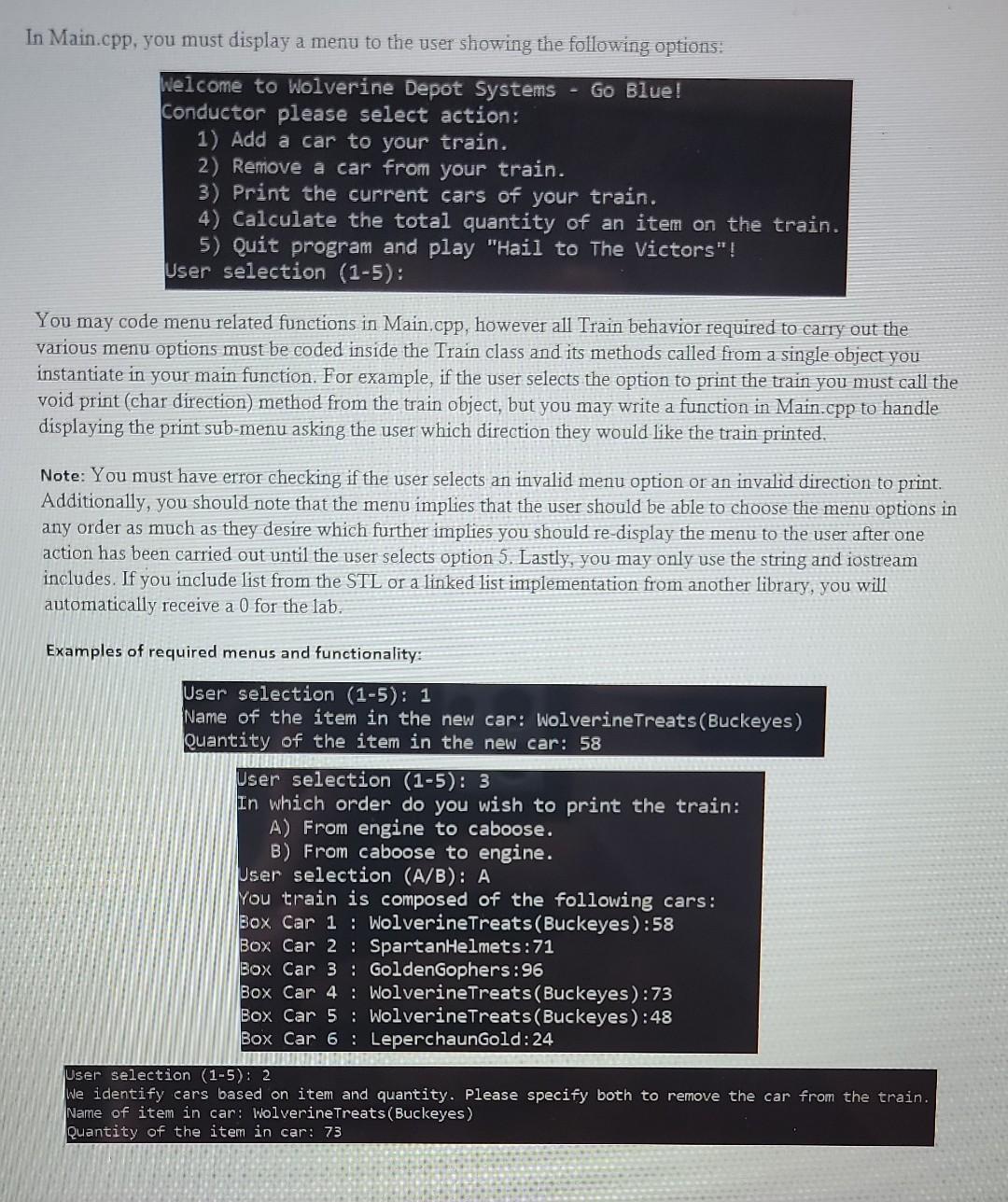 Usiing well-formatted C++, create a train depot | Chegg.com