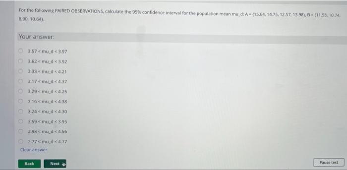 Solved For the following PAIRED OBSERVATIONS, calculate the | Chegg.com