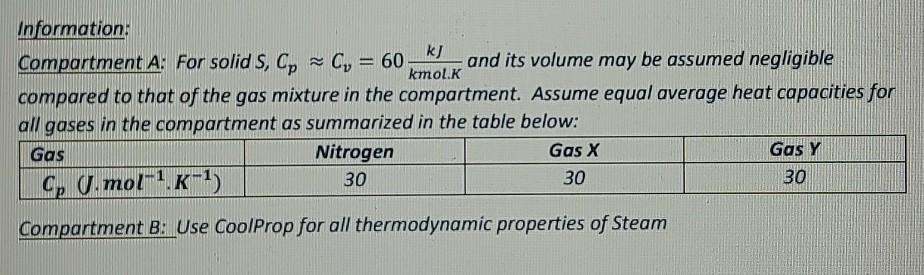 Information:
k)
Compartment A: For solid S, Cp Cy = 60 and its volume may be assumed negligible
kmol.K
compared to that of th