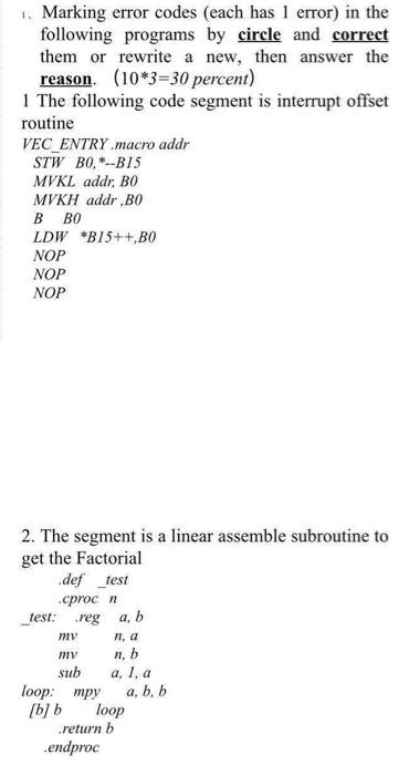 Solved 1. Marking error codes (each has 1 error) in the | Chegg.com
