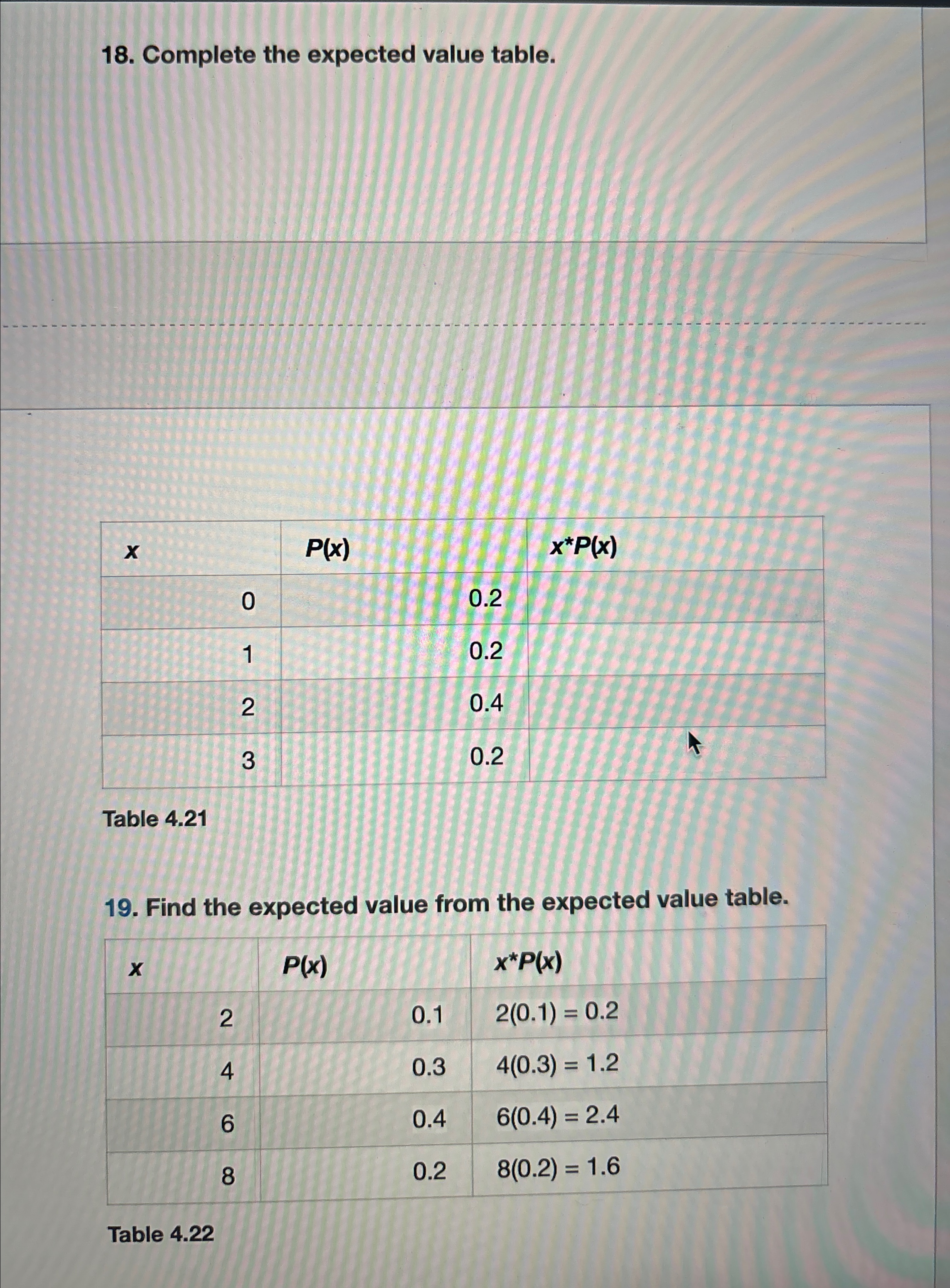 Solved Complete the expected value table.Questions 18 ﻿& 19 | Chegg.com
