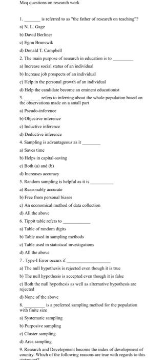 Solved Meq Questions On Research Wotk 1. Is Referred To As 