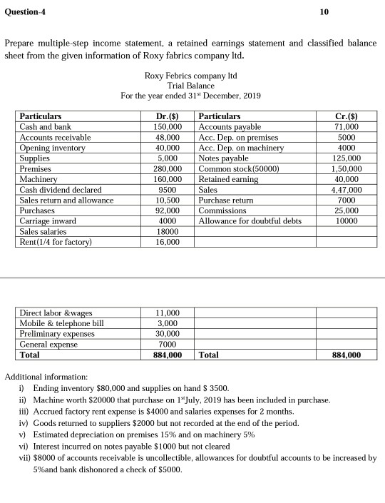 Solved Question 4 10 Prepare Multiple Step Income Statement 7020