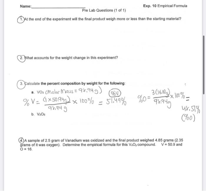 Name: Exp. 10 Empirical Formula Pre Lab Questions (1 | Chegg.com