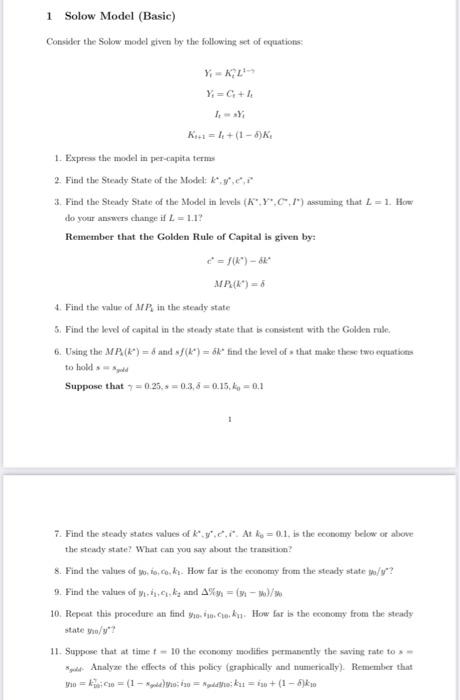1 Solow Model (Basic) Consider the Solow model given | Chegg.com